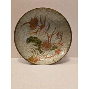 Hand Painted Large Brass Bowl Compote Cloisonné India Pink Flower 9.5"